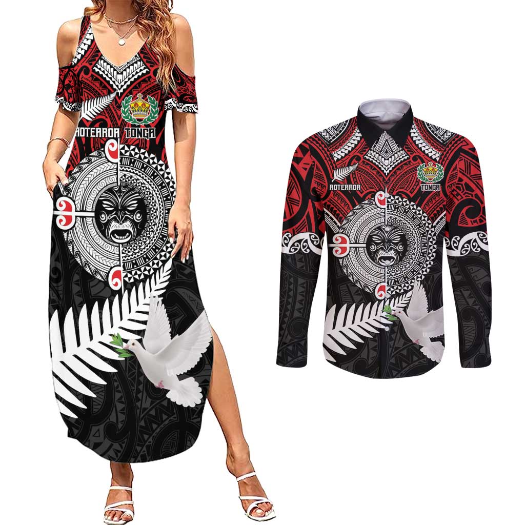 Aotearoa and Tonga Mo Te Tiriti Couples Matching Summer Maxi Dress and Long Sleeve Button Shirt New Zealand Honour The Treaty Ake!Ake!Ake! LT9 Red - Polynesian Pride