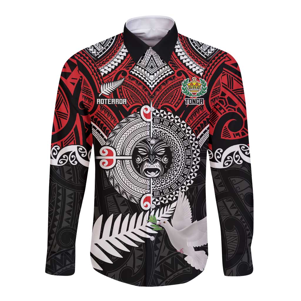 Aotearoa and Tonga Mo Te Tiriti Long Sleeve Button Shirt New Zealand Honour The Treaty Ake!Ake!Ake! LT9 Unisex Red - Polynesian Pride