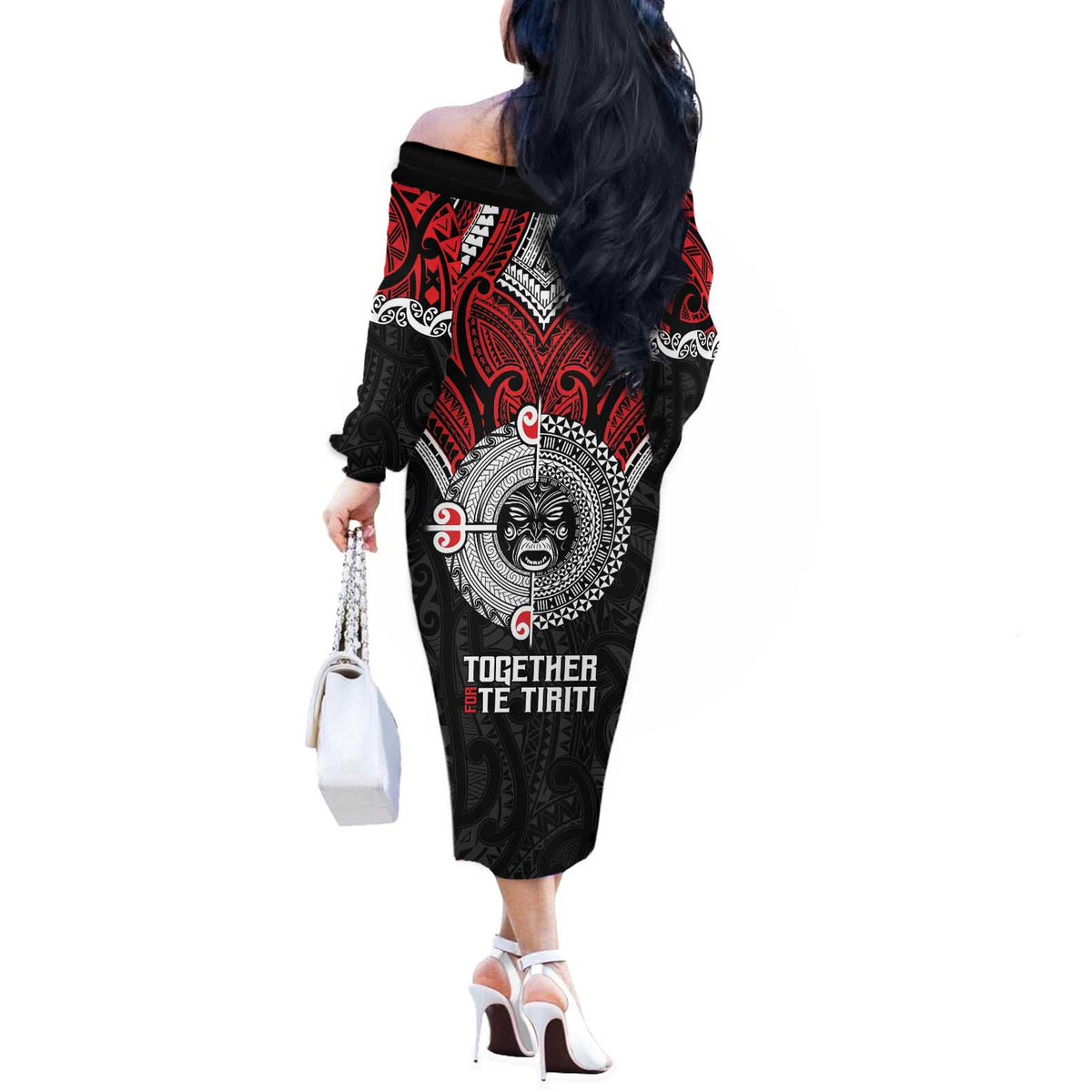 Aotearoa and Tonga Mo Te Tiriti Off The Shoulder Long Sleeve Dress New Zealand Honour The Treaty Ake!Ake!Ake! LT9 - Polynesian Pride
