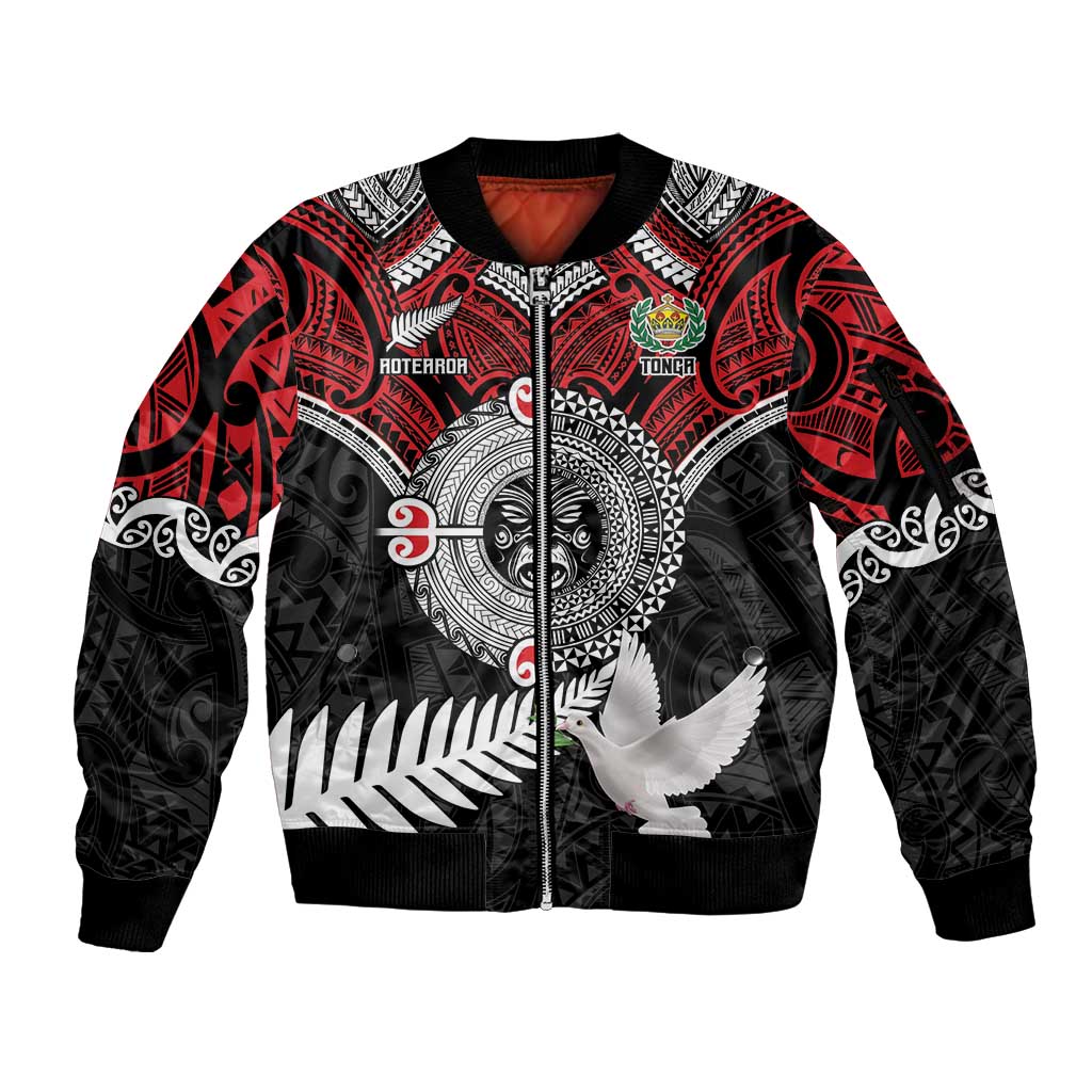 Aotearoa and Tonga Mo Te Tiriti Sleeve Zip Bomber Jacket New Zealand Honour The Treaty Ake!Ake!Ake! LT9 Unisex Red - Polynesian Pride