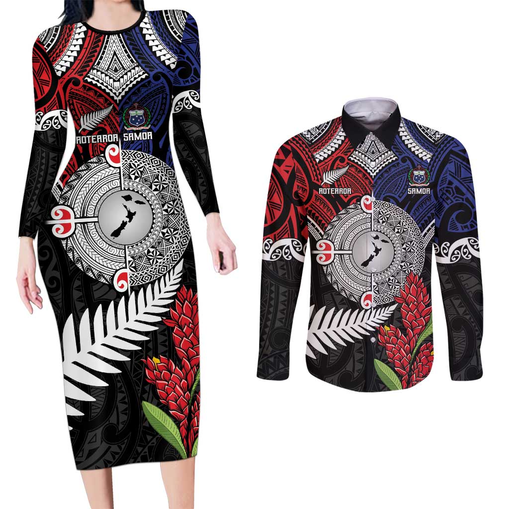 Aotearoa and Samoa Mo Te Tiriti Couples Matching Long Sleeve Bodycon Dress and Long Sleeve Button Shirt Tangata Moana Stand with Tangata Whenua LT9 Blue - Polynesian Pride
