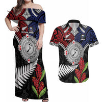 Aotearoa and Samoa Mo Te Tiriti Couples Matching Off Shoulder Maxi Dress and Hawaiian Shirt Tangata Moana Stand with Tangata Whenua LT9 Blue - Polynesian Pride