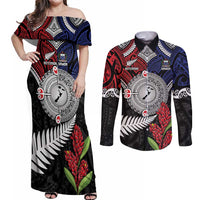 Aotearoa and Samoa Mo Te Tiriti Couples Matching Off Shoulder Maxi Dress and Long Sleeve Button Shirt Tangata Moana Stand with Tangata Whenua LT9 Blue - Polynesian Pride