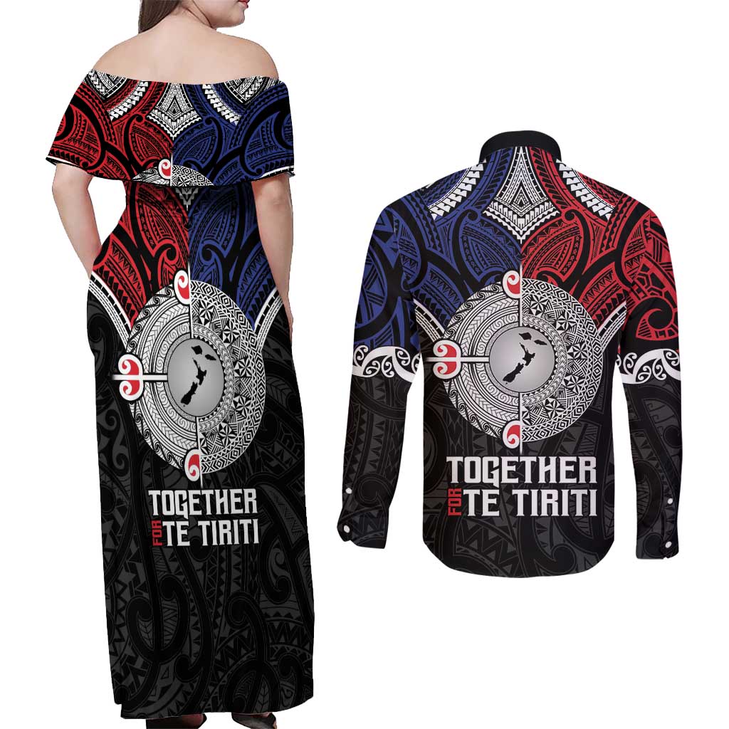 Aotearoa and Samoa Mo Te Tiriti Couples Matching Off Shoulder Maxi Dress and Long Sleeve Button Shirt Tangata Moana Stand with Tangata Whenua LT9 - Polynesian Pride
