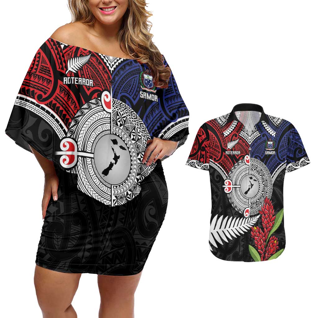 Aotearoa and Samoa Mo Te Tiriti Couples Matching Off Shoulder Short Dress and Hawaiian Shirt Tangata Moana Stand with Tangata Whenua LT9 Blue - Polynesian Pride
