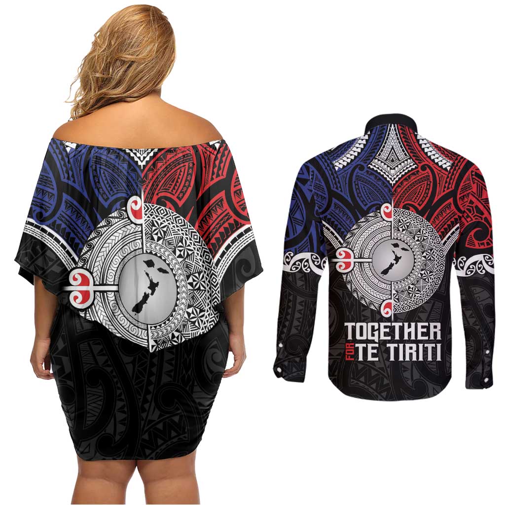 Aotearoa and Samoa Mo Te Tiriti Couples Matching Off Shoulder Short Dress and Long Sleeve Button Shirt Tangata Moana Stand with Tangata Whenua LT9 - Polynesian Pride