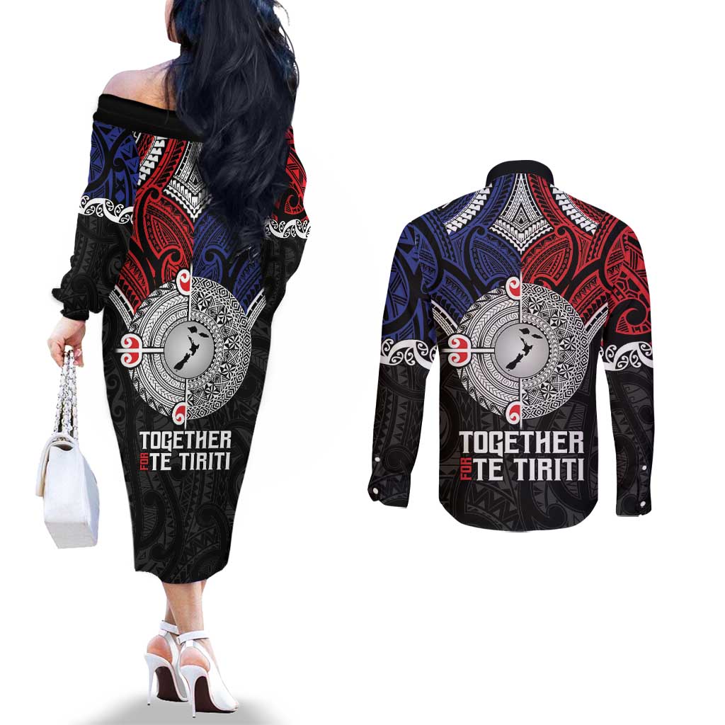 Aotearoa and Samoa Mo Te Tiriti Couples Matching Off The Shoulder Long Sleeve Dress and Long Sleeve Button Shirt Tangata Moana Stand with Tangata Whenua LT9 - Polynesian Pride