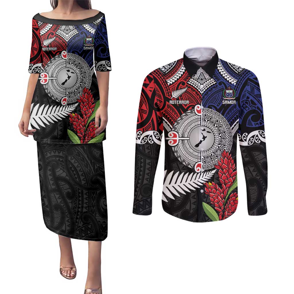 Aotearoa and Samoa Mo Te Tiriti Couples Matching Puletasi and Long Sleeve Button Shirt Tangata Moana Stand with Tangata Whenua LT9 Blue - Polynesian Pride