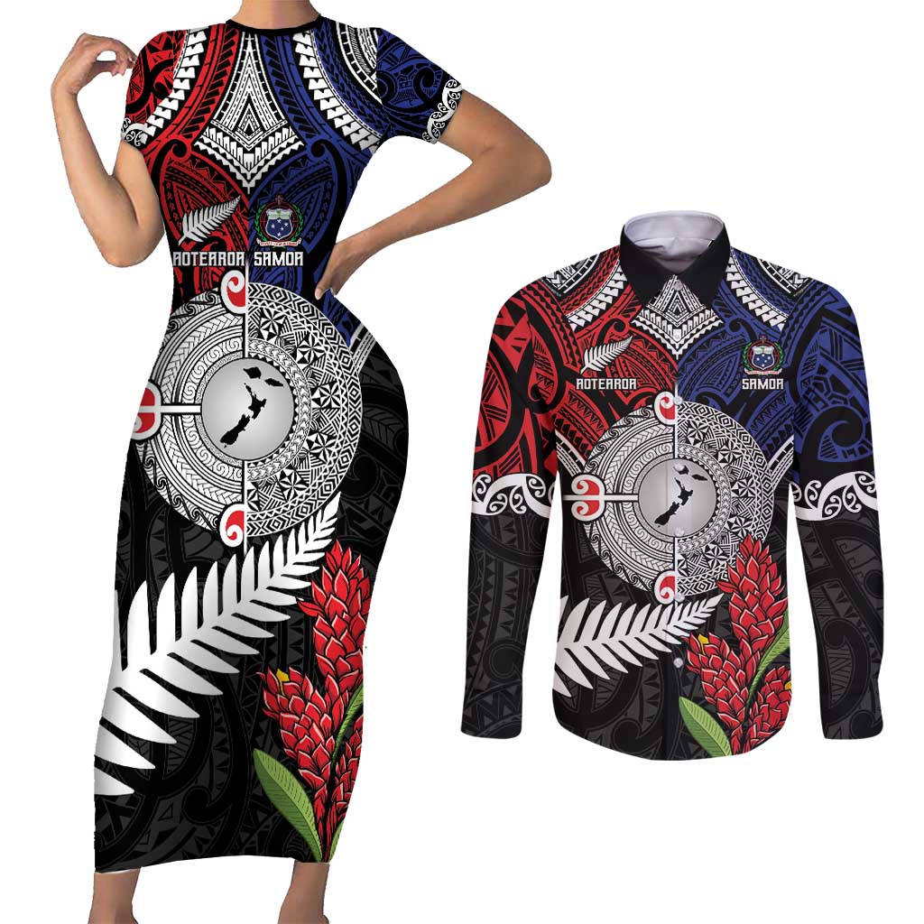 Aotearoa and Samoa Mo Te Tiriti Couples Matching Short Sleeve Bodycon Dress and Long Sleeve Button Shirt Tangata Moana Stand with Tangata Whenua LT9 Blue - Polynesian Pride