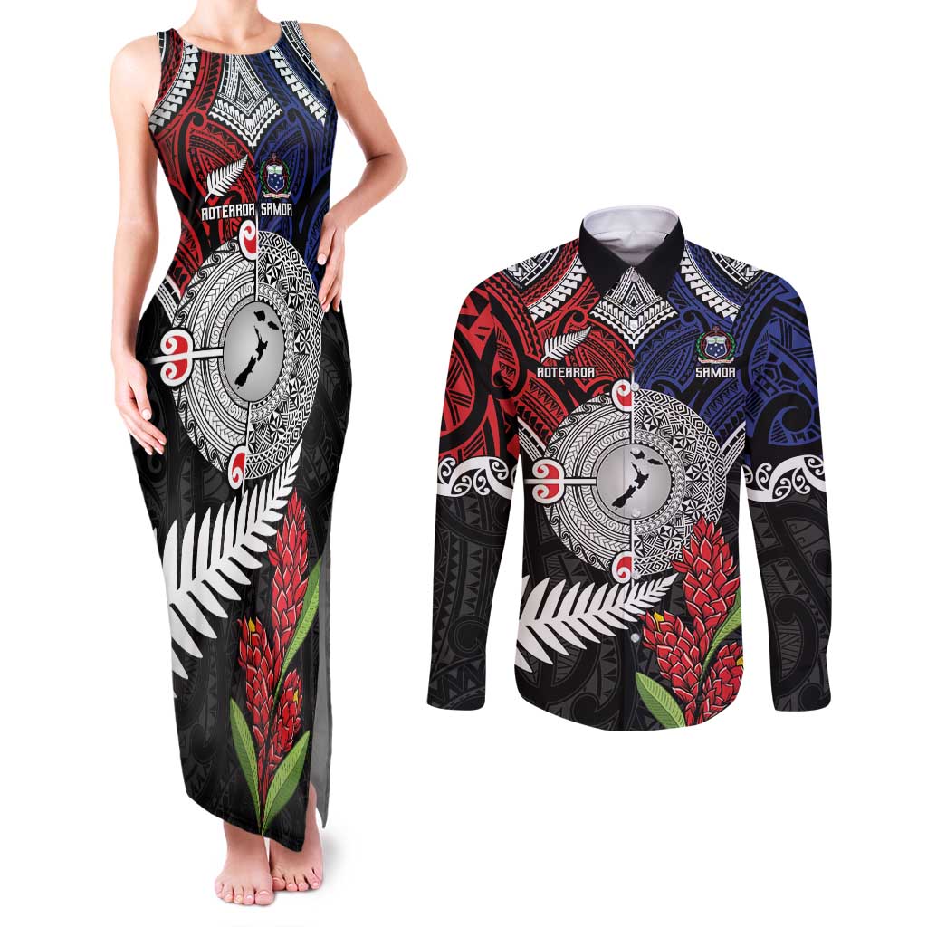 Aotearoa and Samoa Mo Te Tiriti Couples Matching Tank Maxi Dress and Long Sleeve Button Shirt Tangata Moana Stand with Tangata Whenua LT9 Blue - Polynesian Pride
