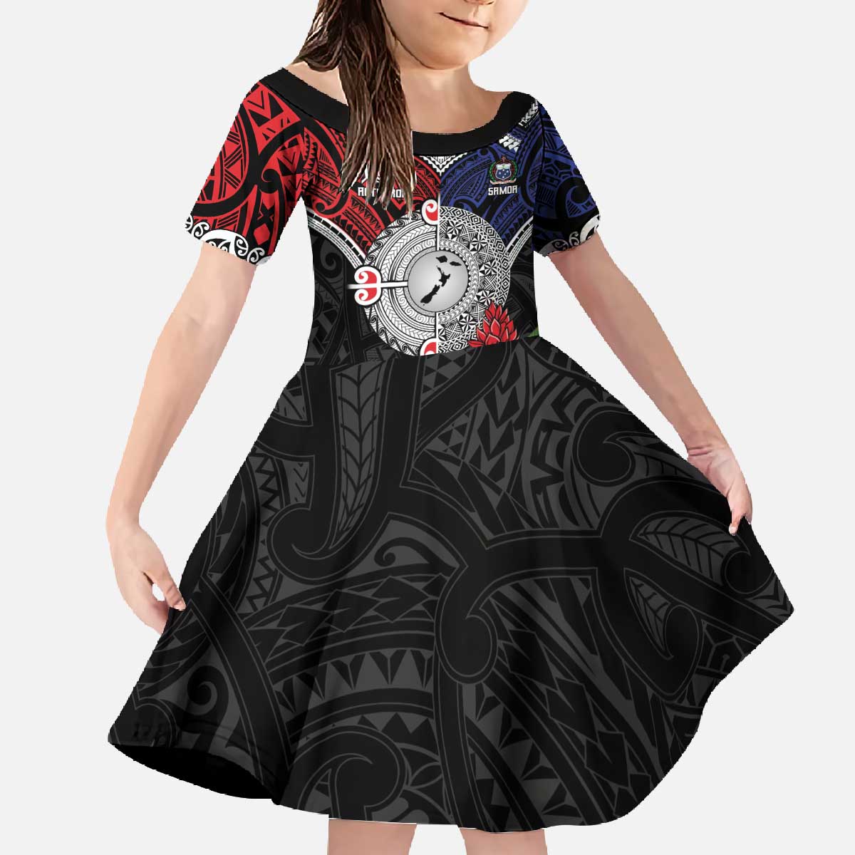 Aotearoa and Samoa Mo Te Tiriti Family Matching Off The Shoulder Long Sleeve Dress and Hawaiian Shirt Tangata Moana Stand with Tangata Whenua LT9 Daughter's Dress Blue - Polynesian Pride