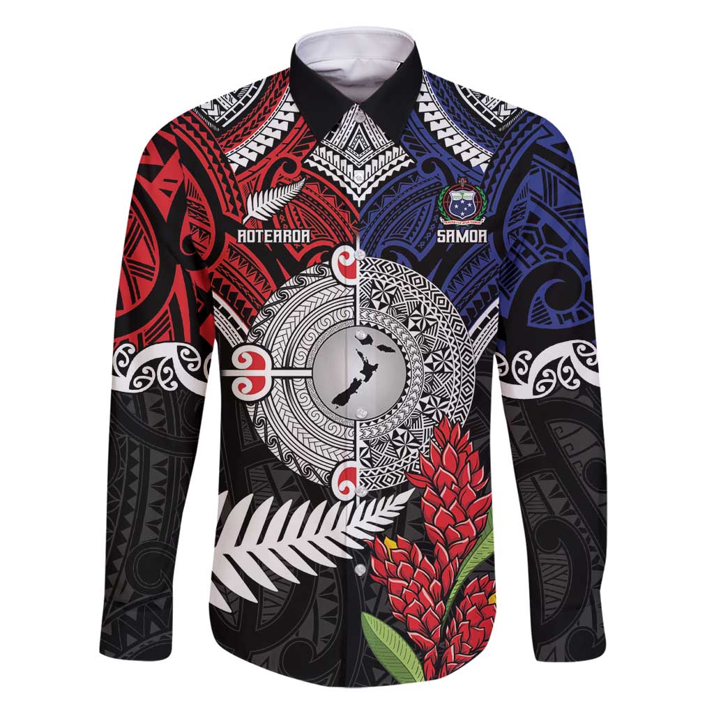 Aotearoa and Samoa Mo Te Tiriti Family Matching Off Shoulder Maxi Dress and Hawaiian Shirt Tangata Moana Stand with Tangata Whenua LT9 Dad's Shirt - Long Sleeve Blue - Polynesian Pride