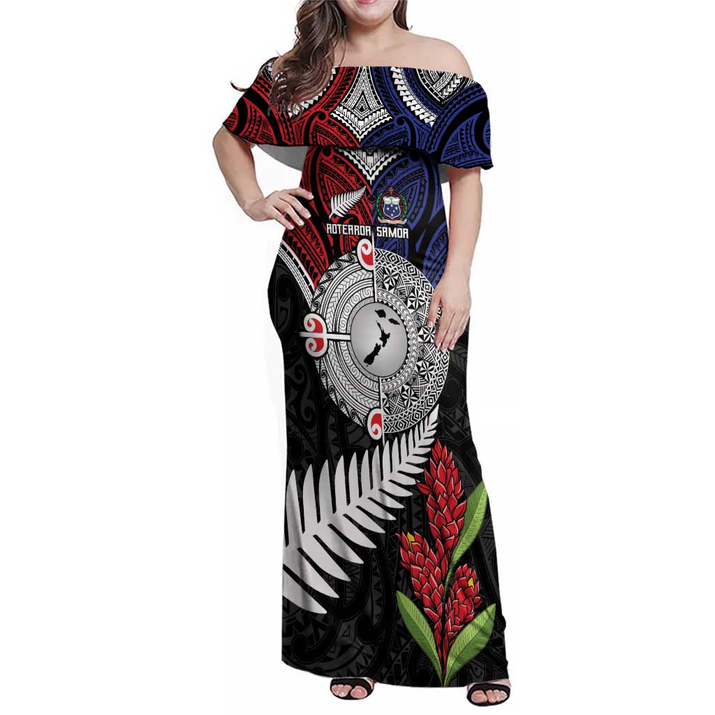 Aotearoa and Samoa Mo Te Tiriti Family Matching Off Shoulder Maxi Dress and Hawaiian Shirt Tangata Moana Stand with Tangata Whenua LT9 Mom's Dress Blue - Polynesian Pride