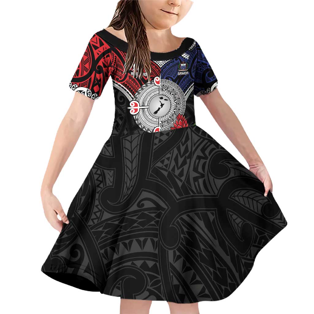 Aotearoa and Samoa Mo Te Tiriti Family Matching Off Shoulder Short Dress and Hawaiian Shirt Tangata Moana Stand with Tangata Whenua LT9 Daughter's Dress Blue - Polynesian Pride