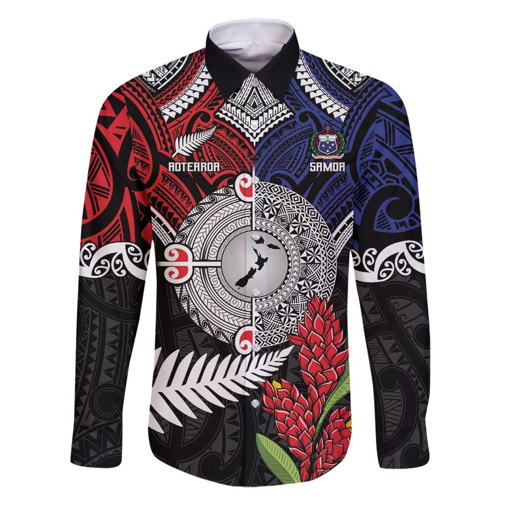 Aotearoa and Samoa Mo Te Tiriti Family Matching Puletasi and Hawaiian Shirt Tangata Moana Stand with Tangata Whenua LT9 Dad's Shirt - Long Sleeve Blue - Polynesian Pride