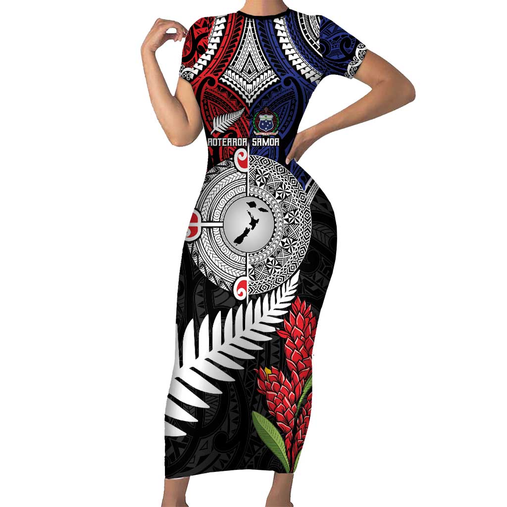 Aotearoa and Samoa Mo Te Tiriti Family Matching Short Sleeve Bodycon Dress and Hawaiian Shirt Tangata Moana Stand with Tangata Whenua LT9 Mom's Dress Blue - Polynesian Pride