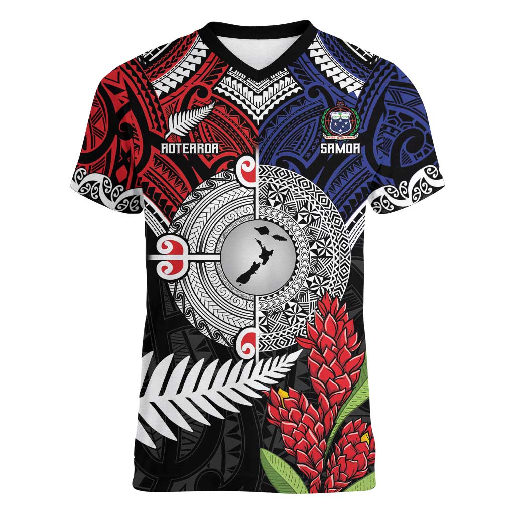 Aotearoa and Samoa Mo Te Tiriti Women V-Neck T-Shirt Tangata Moana Stand with Tangata Whenua LT9 Female Blue - Polynesian Pride