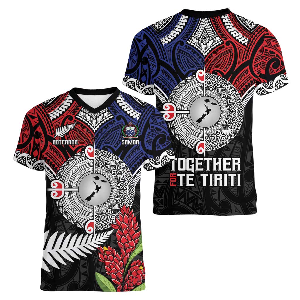 Aotearoa and Samoa Mo Te Tiriti Women V-Neck T-Shirt Tangata Moana Stand with Tangata Whenua LT9 - Polynesian Pride