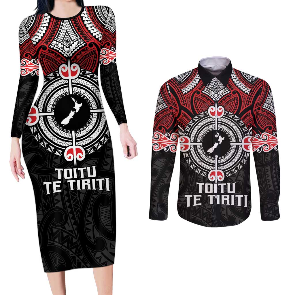 Aotearoa Proud To Be Maori Couples Matching Long Sleeve Bodycon Dress and Long Sleeve Button Shirt New Zealand Fight Together LT9 Red - Polynesian Pride