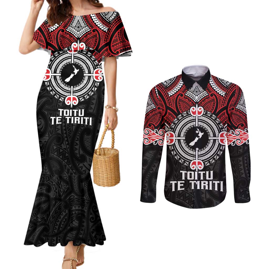Aotearoa Proud To Be Maori Couples Matching Mermaid Dress and Long Sleeve Button Shirt New Zealand Fight Together LT9 Red - Polynesian Pride