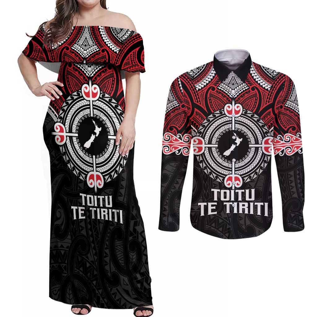 Aotearoa Proud To Be Maori Couples Matching Off Shoulder Maxi Dress and Long Sleeve Button Shirt New Zealand Fight Together LT9 Red - Polynesian Pride