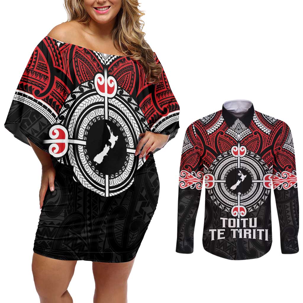 Aotearoa Proud To Be Maori Couples Matching Off Shoulder Short Dress and Long Sleeve Button Shirt New Zealand Fight Together LT9 Red - Polynesian Pride