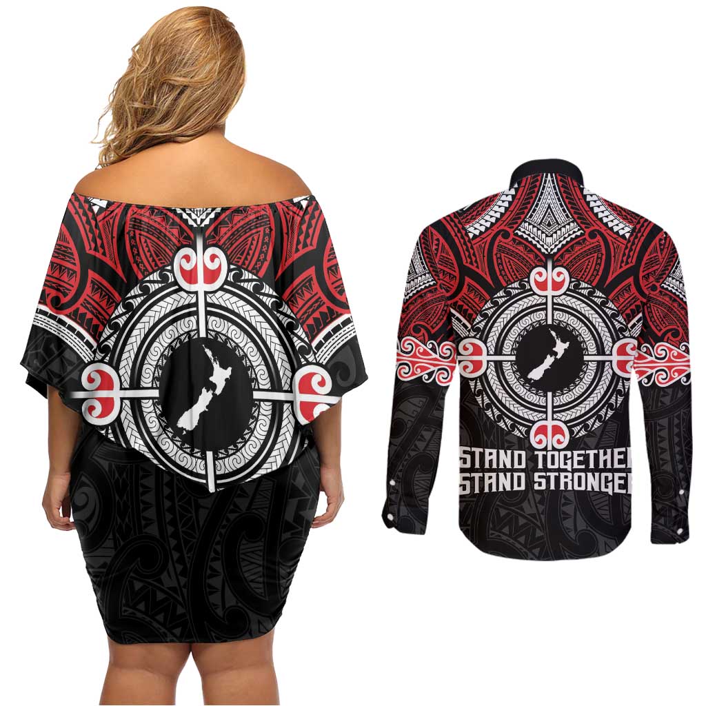 Aotearoa Proud To Be Maori Couples Matching Off Shoulder Short Dress and Long Sleeve Button Shirt New Zealand Fight Together LT9 - Polynesian Pride