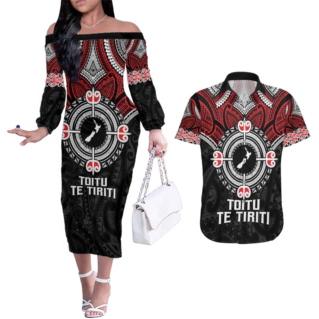 Aotearoa Proud To Be Maori Couples Matching Off The Shoulder Long Sleeve Dress and Hawaiian Shirt New Zealand Fight Together LT9 Red - Polynesian Pride