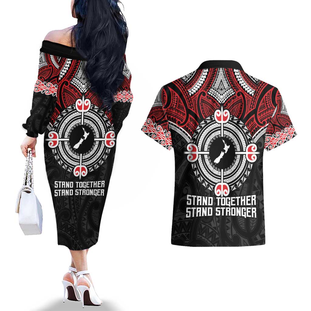 Aotearoa Proud To Be Maori Couples Matching Off The Shoulder Long Sleeve Dress and Hawaiian Shirt New Zealand Fight Together LT9 - Polynesian Pride