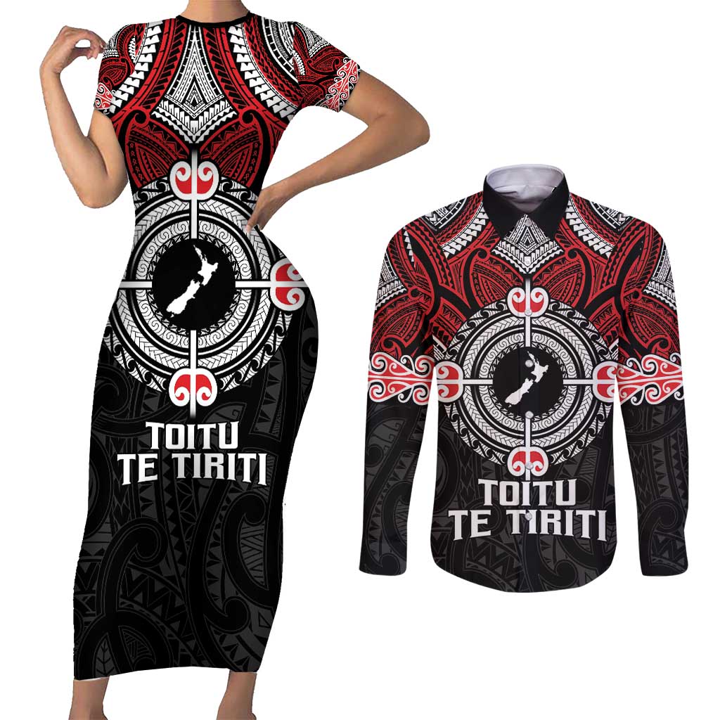 Aotearoa Proud To Be Maori Couples Matching Short Sleeve Bodycon Dress and Long Sleeve Button Shirt New Zealand Fight Together LT9 Red - Polynesian Pride