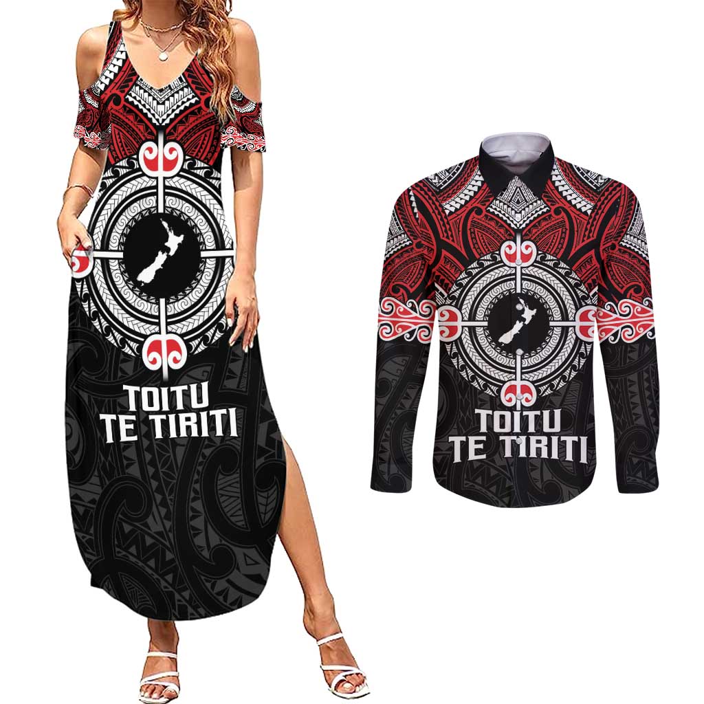 Aotearoa Proud To Be Maori Couples Matching Summer Maxi Dress and Long Sleeve Button Shirt New Zealand Fight Together LT9 Red - Polynesian Pride