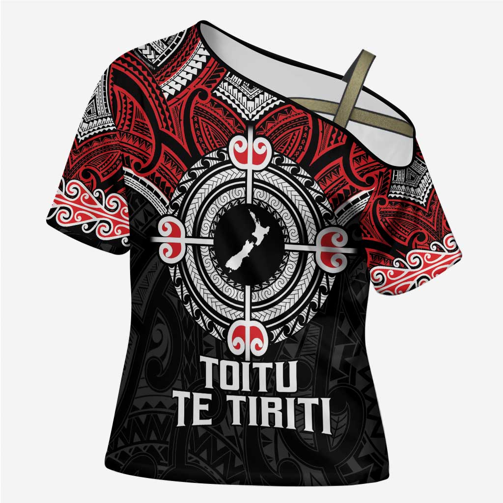 Aotearoa Proud To Be Maori Cross Shoulder Shirt New Zealand Fight Together LT9 Female Black - Polynesian Pride