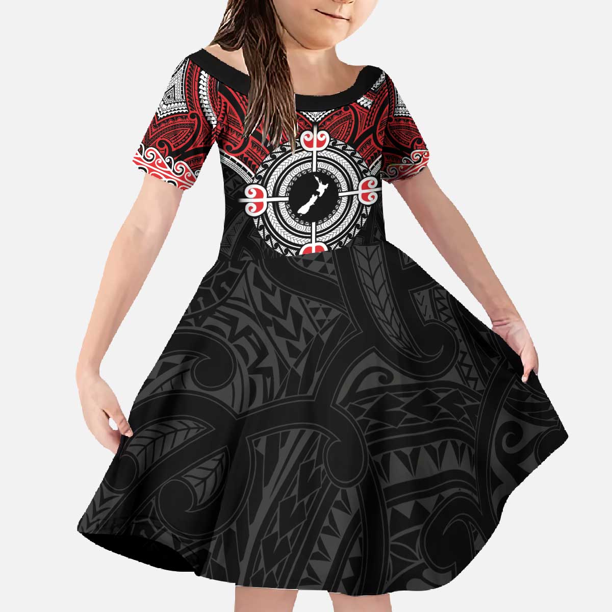 Aotearoa Proud To Be Maori Family Matching Off The Shoulder Long Sleeve Dress and Hawaiian Shirt New Zealand Fight Together LT9 Daughter's Dress Red - Polynesian Pride
