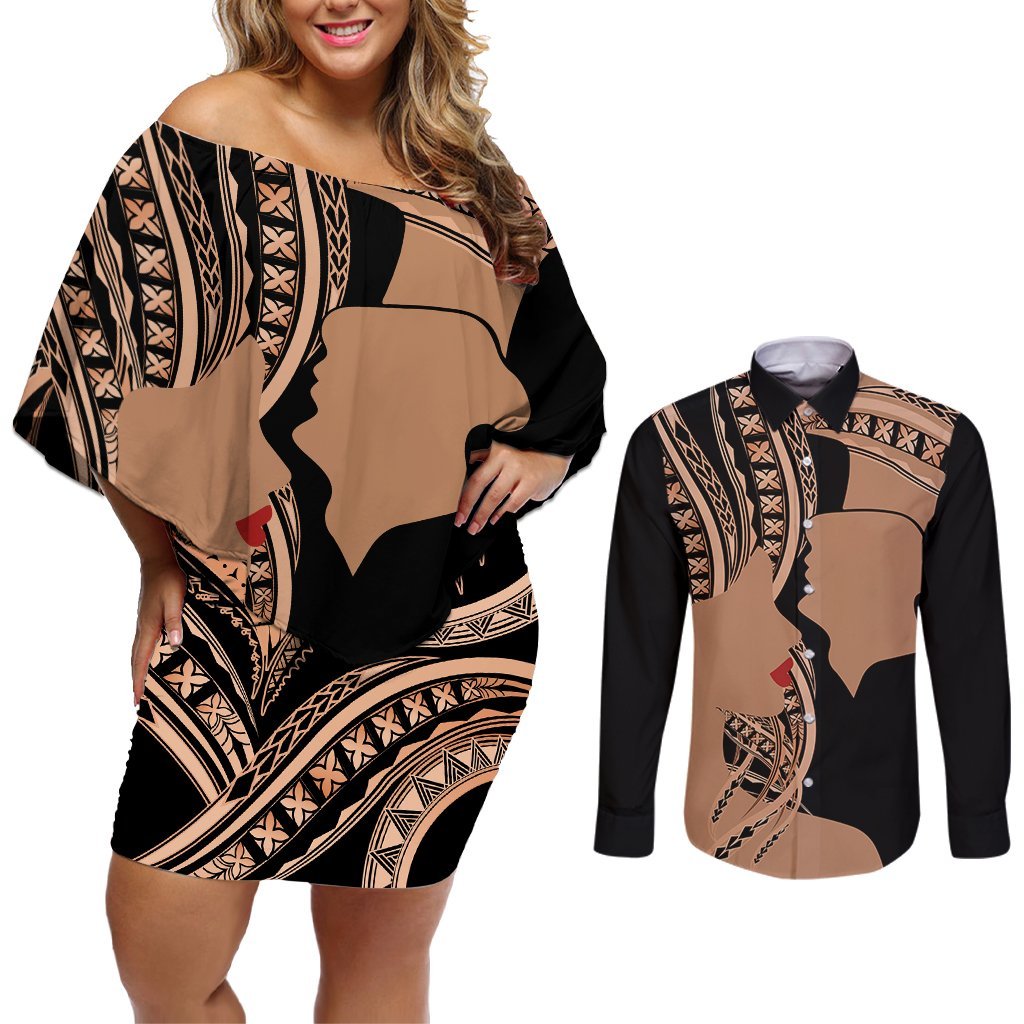 Personalised Valentines Day Romantic Lovers Couples Matching Off Shoulder Short Dress and Long Sleeve Button Shirt LT9 Gold - Polynesian Pride