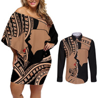 Personalised Valentines Day Romantic Lovers Couples Matching Off Shoulder Short Dress and Long Sleeve Button Shirt LT9 Gold - Polynesian Pride