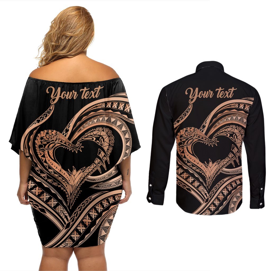 Personalised Valentines Day Romantic Lovers Couples Matching Off Shoulder Short Dress and Long Sleeve Button Shirt LT9 - Polynesian Pride
