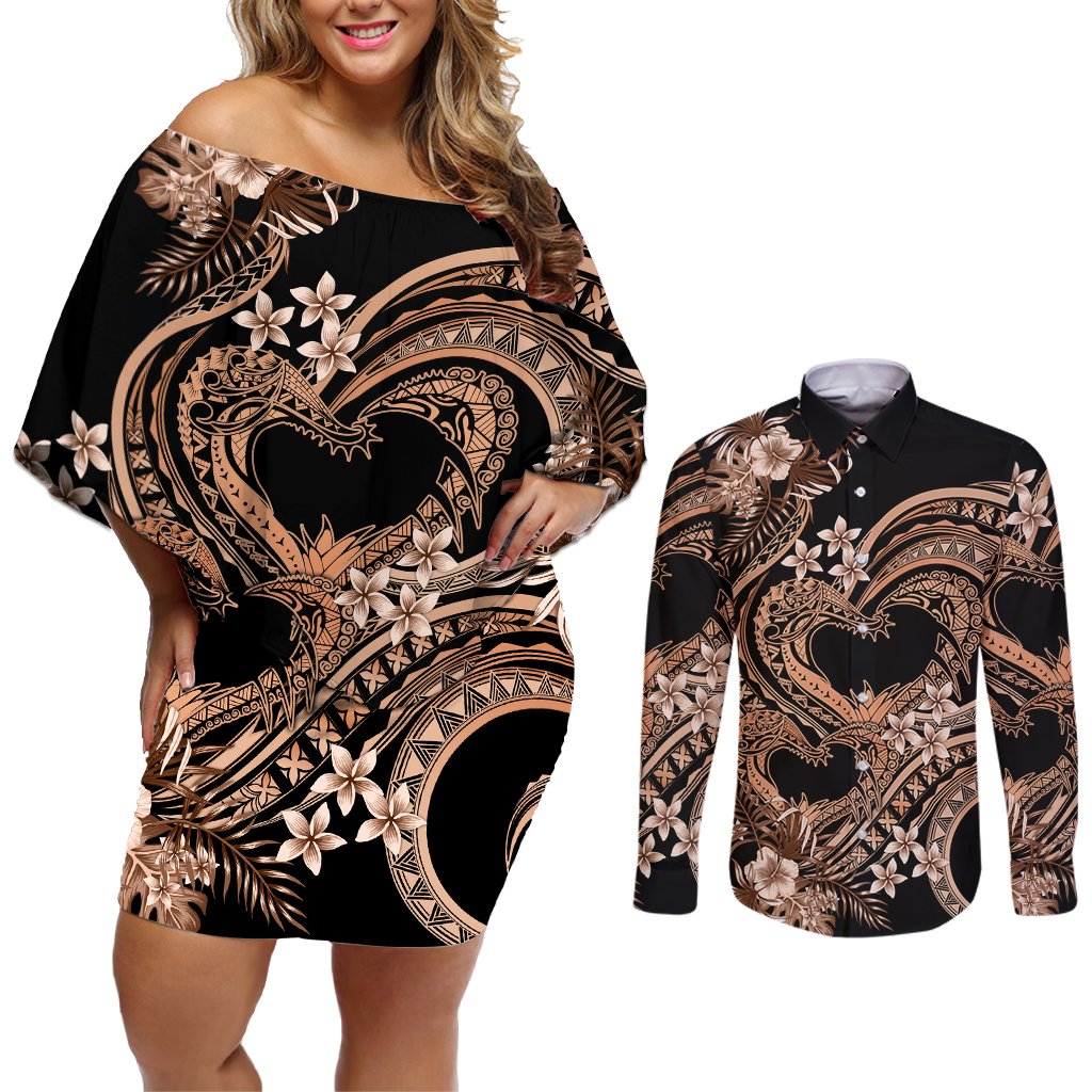 Polynesia Valentines Day Forever In My Heart Tattoo Couples Matching Off Shoulder Short Dress and Long Sleeve Button Shirt Gold Style LT9 Gold - Polynesian Pride