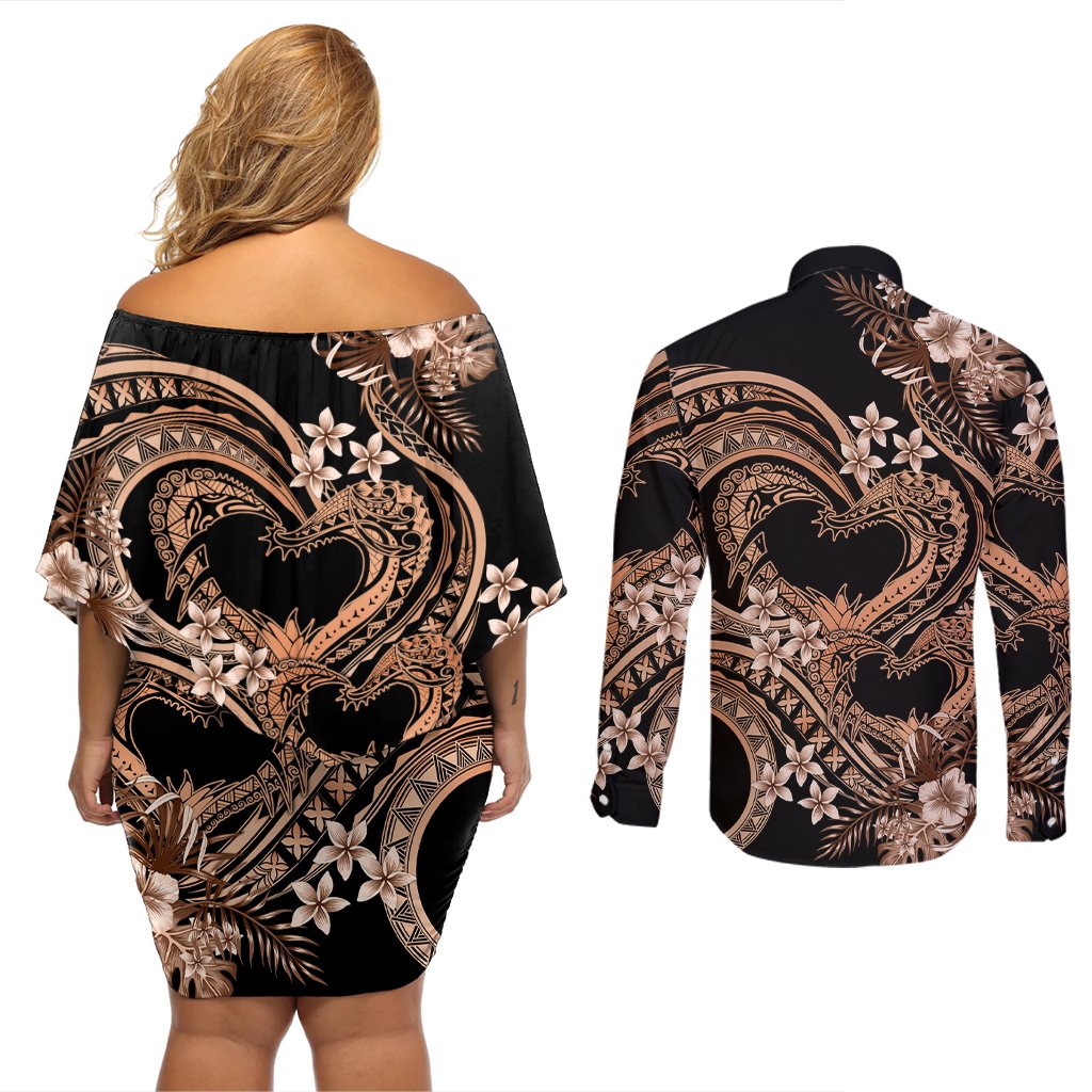 Polynesia Valentines Day Forever In My Heart Tattoo Couples Matching Off Shoulder Short Dress and Long Sleeve Button Shirt Gold Style LT9 - Polynesian Pride