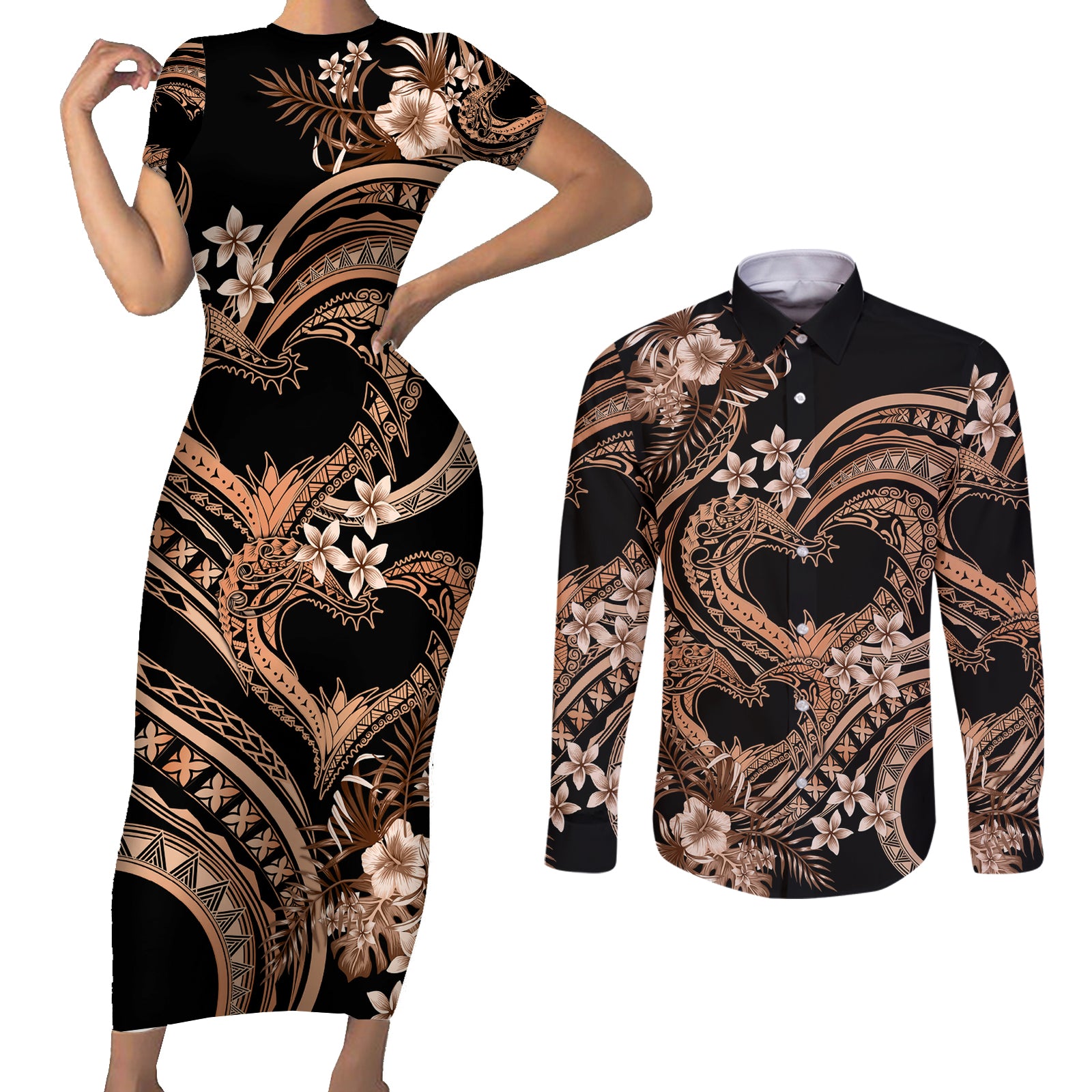Polynesia Valentines Day Forever In My Heart Tattoo Couples Matching Short Sleeve Bodycon Dress and Long Sleeve Button Shirt Gold Style LT9 Gold - Polynesian Pride