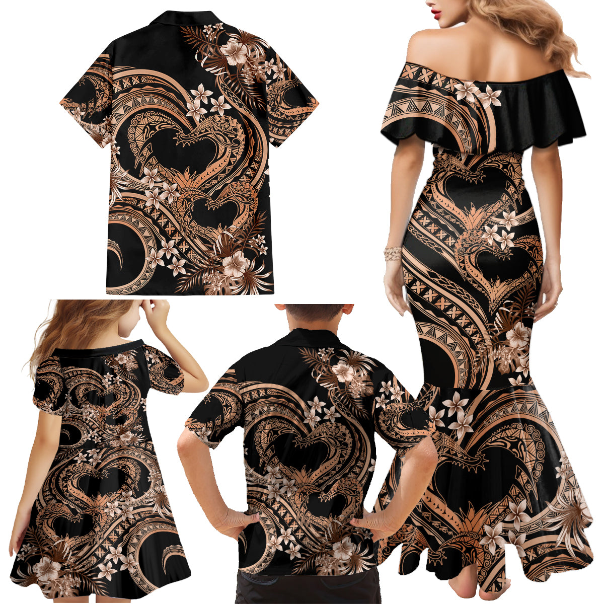 Polynesia Valentines Day Forever In My Heart Tattoo Family Matching Mermaid Dress and Hawaiian Shirt Gold Style LT9 - Polynesian Pride