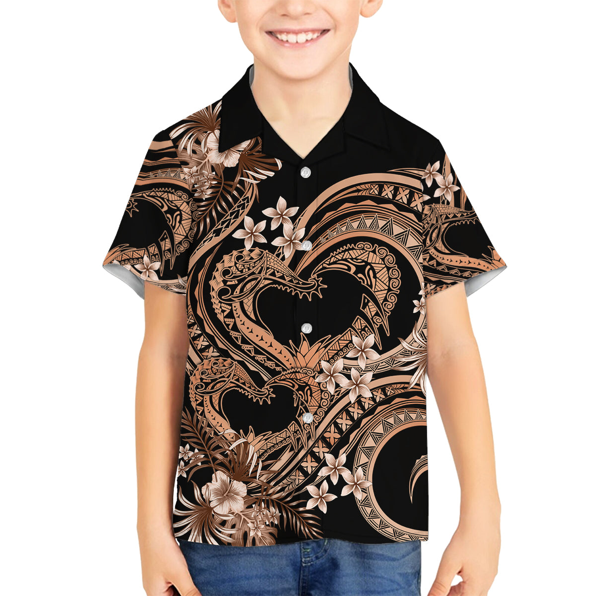 Polynesia Valentines Day Forever In My Heart Tattoo Family Matching Off Shoulder Long Sleeve Dress and Hawaiian Shirt Gold Style LT9 Son's Shirt Gold - Polynesian Pride