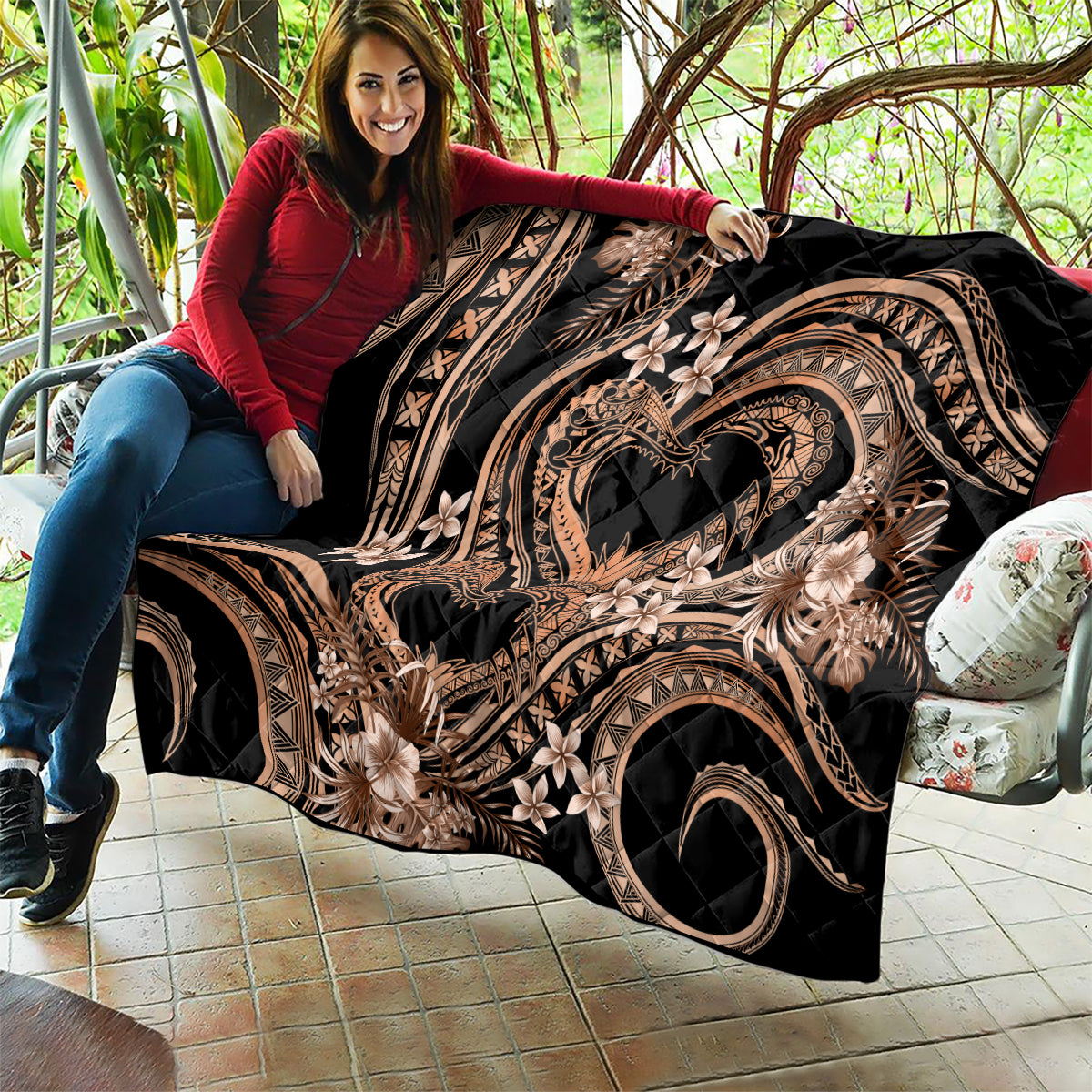 Polynesia Valentines Day Forever In My Heart Tattoo Quilt Gold Style LT9 - Polynesian Pride