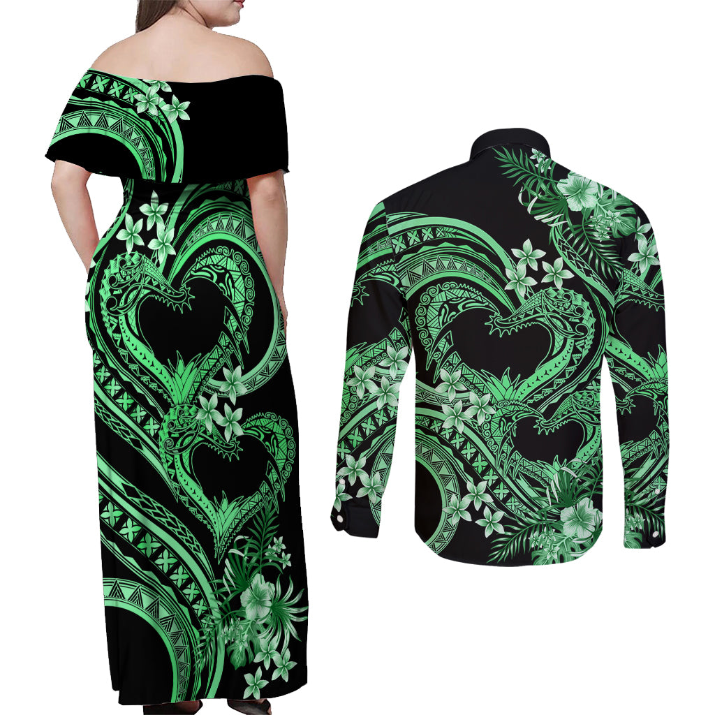 Polynesia Valentines Day Forever In My Heart Tattoo Couples Matching Off Shoulder Maxi Dress and Long Sleeve Button Shirt Green Style LT9 - Polynesian Pride
