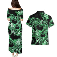 Polynesia Valentines Day Forever In My Heart Tattoo Couples Matching Puletasi and Hawaiian Shirt Green Style LT9 - Polynesian Pride