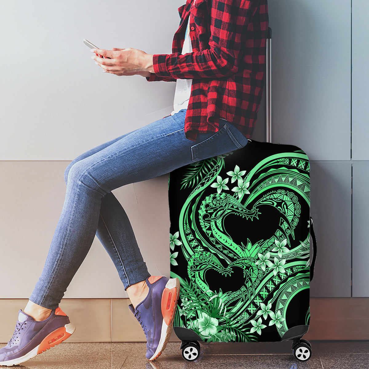 Polynesia Valentines Day Forever In My Heart Tattoo Luggage Cover Green Style LT9 - Polynesian Pride