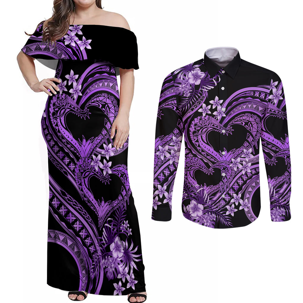 Polynesia Valentines Day Forever In My Heart Tattoo Couples Matching Off Shoulder Maxi Dress and Long Sleeve Button Shirt Purple Style LT9 Purple - Polynesian Pride