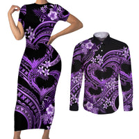 Polynesia Valentines Day Forever In My Heart Tattoo Couples Matching Short Sleeve Bodycon Dress and Long Sleeve Button Shirt Purple Style LT9 Purple - Polynesian Pride