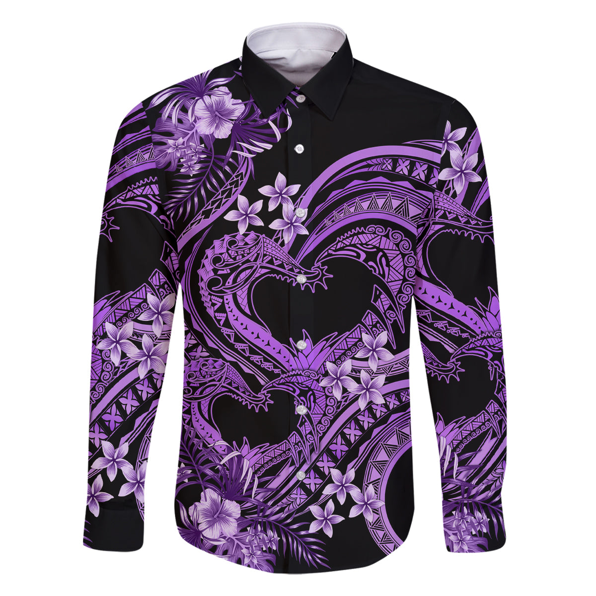 Polynesia Valentines Day Forever In My Heart Tattoo Family Matching Off Shoulder Short Dress and Hawaiian Shirt Purple Style LT9 Dad's Shirt - Long Sleeve Purple - Polynesian Pride
