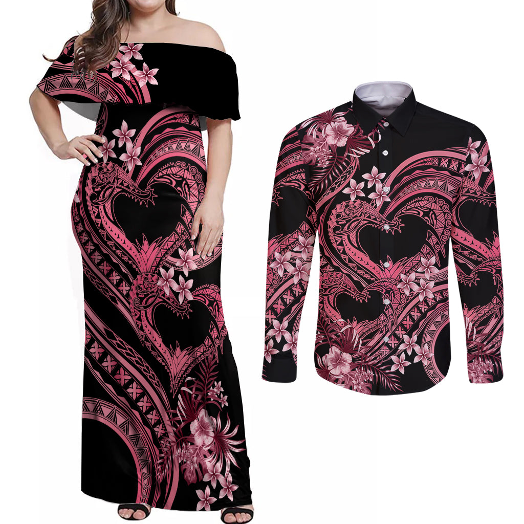 Polynesia Valentines Day Forever In My Heart Tattoo Couples Matching Off Shoulder Maxi Dress and Long Sleeve Button Shirt Pink Style LT9 Pink - Polynesian Pride