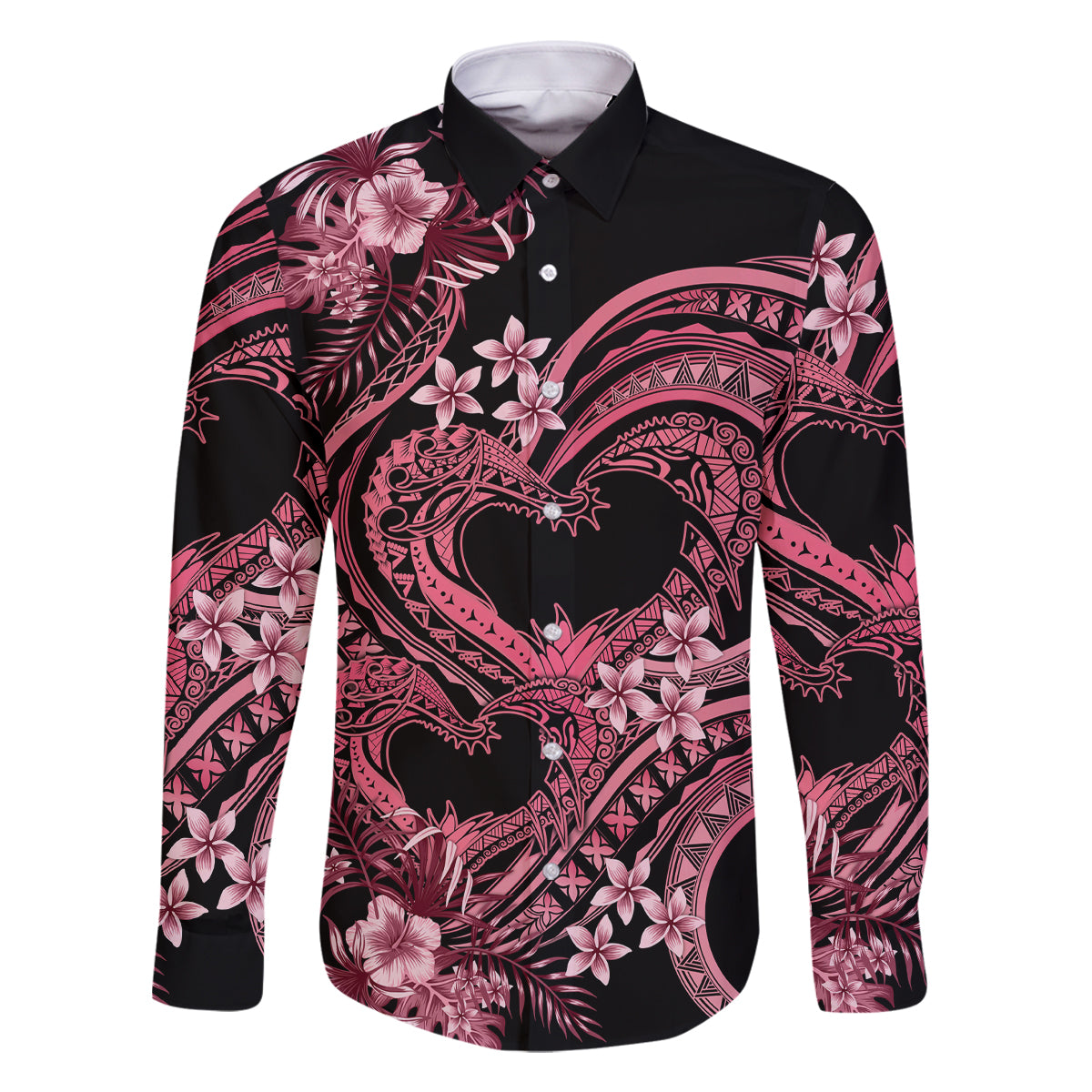 Polynesia Valentines Day Forever In My Heart Tattoo Family Matching Off Shoulder Maxi Dress and Hawaiian Shirt Pink Style LT9 Dad's Shirt - Long Sleeve Pink - Polynesian Pride